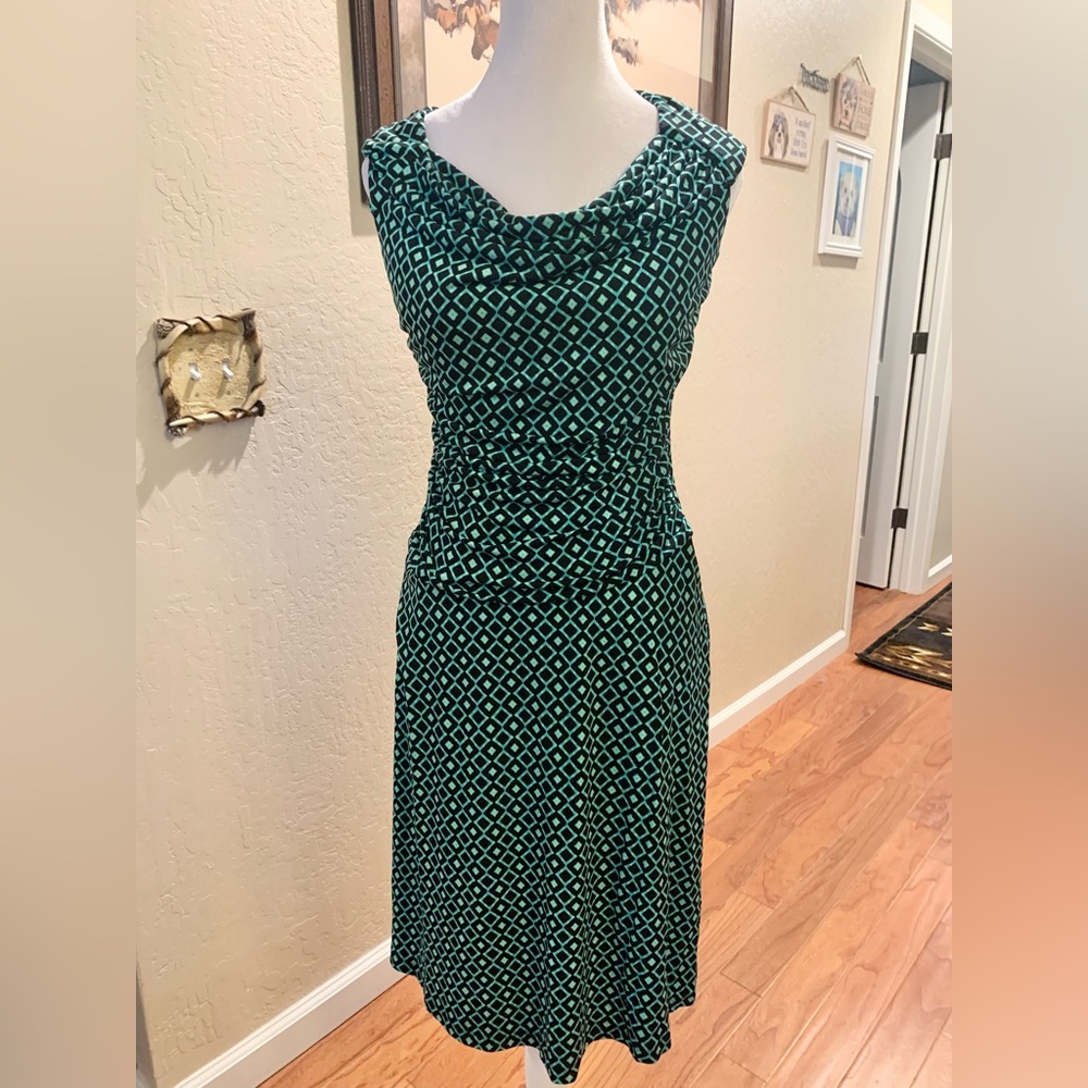 Enfocus Studio Teal and Black Geometric Cowl Neck Dress